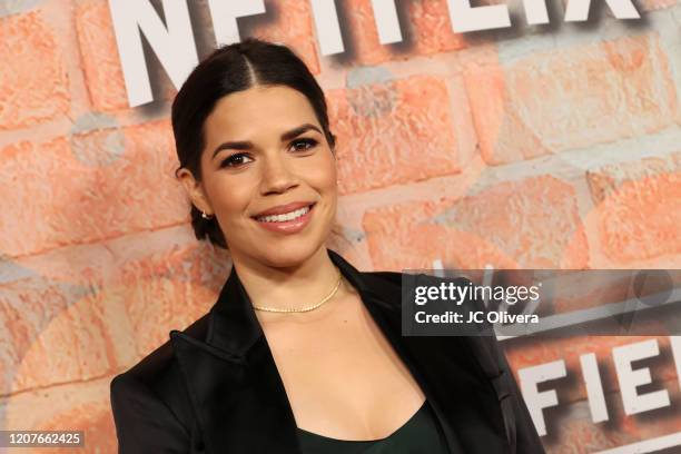 Actress America Ferrera attends the premiere of Netflix's "Gentefied" at Plaza de la Raza on February 20, 2020 in Los Angeles, California.