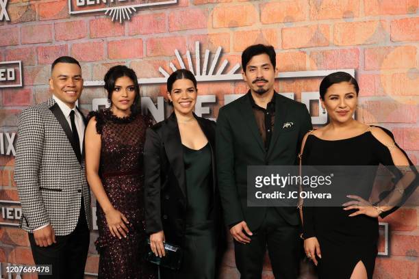 Actors J.J. Soria, Karrie Martin, America Ferrera, Carlos Santos and Annie Gonzalez attend the premiere of Netflix's "Gentefied" at Plaza de la Raza...