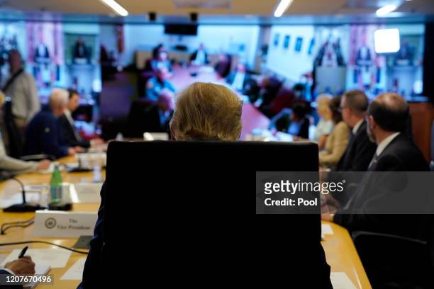President Donald Trump attends a teleconference with governors at the Federal Emergency Management Agency headquarters on March 19, 2020 in...