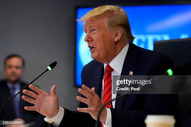 President Donald Trump speaks during a teleconference with governors at the Federal Emergency Management Agency headquarters,on March 19, 2020 in...