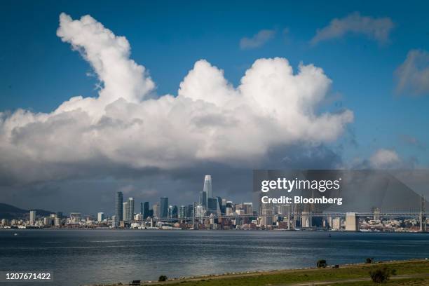 Buildings stand in the San Francisco skyline viewed from the Port of Oakland in Oakland, California, U.S., on Thursday, March 19, 2020. The spread of...