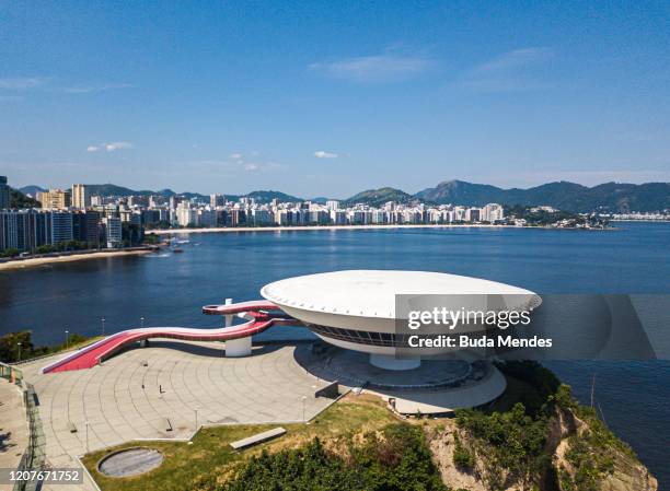 An aerial view of MAC on March 19, 2020 in Niteroi, Brazil. Rio de Janeiro's state government and Niteroi city council officials recommend to avoid...