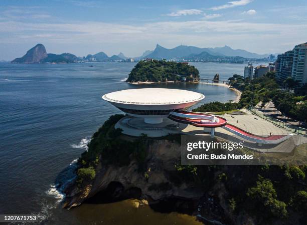 An aerial view of MAC on March 19, 2020 in Niteroi, Brazil. Rio de Janeiro's state government and Niteroi city council officials recommend to avoid...