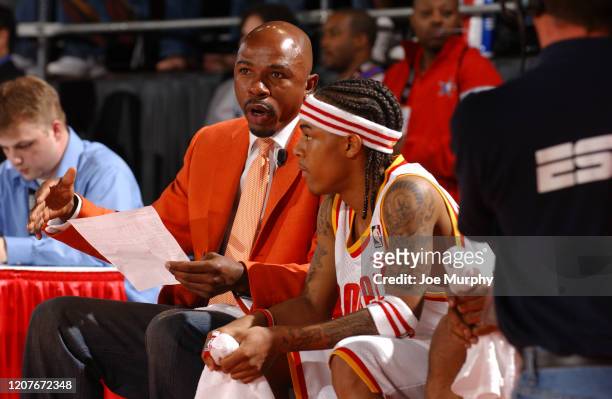 General Manager, Greg Anthony and Bow Wow of the Clutch City discuss plays against the H-Town during the McDonald's NBA All-Star Celebrity Game at...