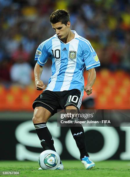 Erik Lamela of Argentina scores from the penalty spot during the FIFA U-20 World Cup Colombia 2011 round of 16 match between Argentina and Egypt at...