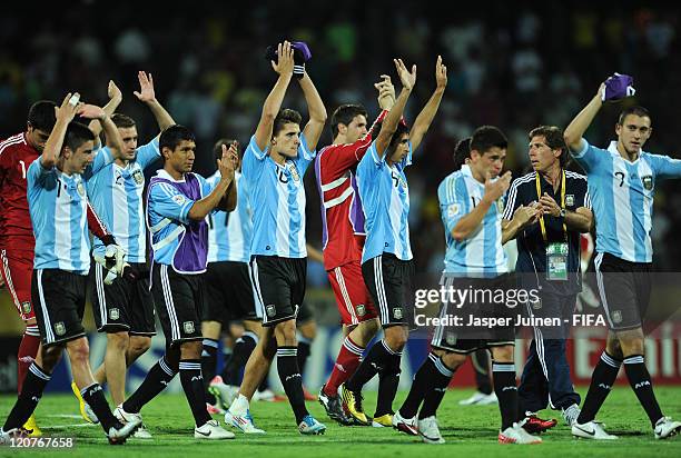 Argentina players celebrate at the end of the FIFA U-20 World Cup Colombia 2011 round of 16 match between Argentina and Egypt at the Atanasio...