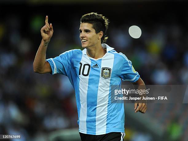 Erik Lamela of Argentina celebrates scoring from the penalty spot during the FIFA U-20 World Cup Colombia 2011 round of 16 match between Argentina...