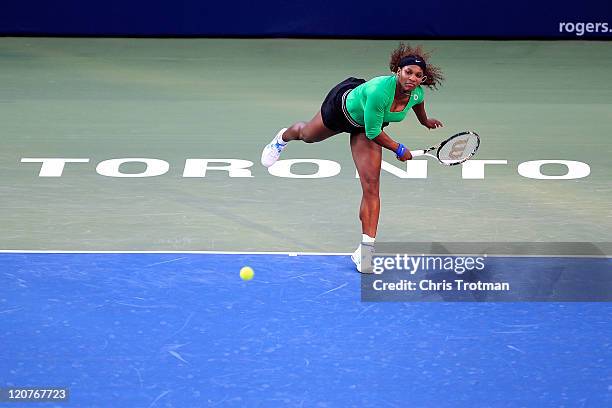 Serena Williams serves to Alona Bondarenko of the Ukraine on Day 2 of the Rogers Cup presented by National Bank at the Rexall Centre on August 9,...