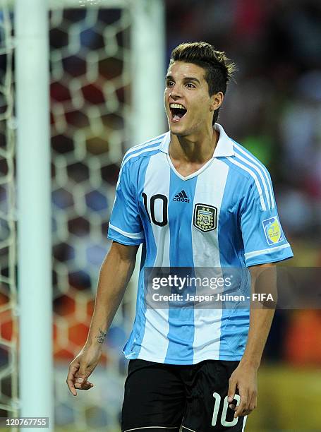 Erik Lamela of Argentina celebrates scoring from the penalty spot during the FIFA U-20 World Cup Colombia 2011 round of 16 match between Argentina...