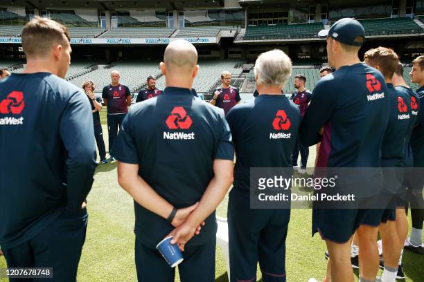 Lions coach Richard Dawson speaks to his players during the England Lions training session at Melbourne Cricket Ground on February 21, 2020 in...