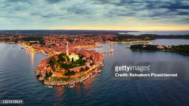 aerial drone view of historical center of rovinj old town and adriatic sea, istria region, croatia, europe - rovinj stock pictures, royalty-free photos & images