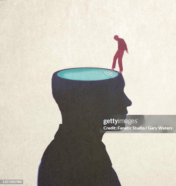 concept image of a man dipping his toe in a large head filled with water. - dipping stock-grafiken, -clipart, -cartoons und -symbole