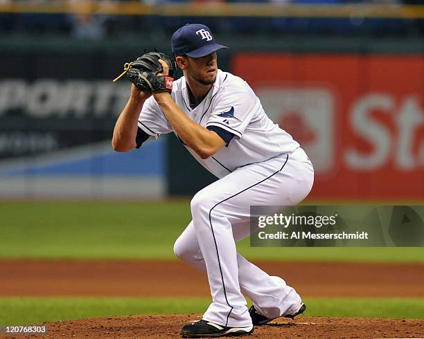 Pitcher James Shields of the Tampa Bay Rays looks at first base against the Kansas City Royals August 9, 2011 at Tropicana Field in St. Petersburg,...