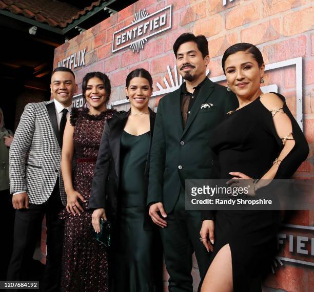 Soria, Karrie Martin, America Ferrera, Carlos Santos and Annie Gonzalez attend the premiere of Netflix's GENTIFIED Season 1 at Margo Albert Theatre...