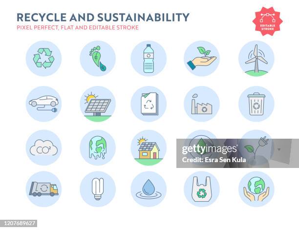 recycle and sustainability flat icon set with editable stroke and pixel perfect. - plastic bag stock illustrations