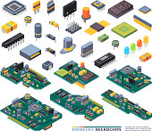Electrical boards isometric. Hardware items computer power diodes semiconductors and small chip vector equipment set