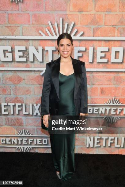 America Ferrera attends the premiere of Netflix's "Gentefied" at Plaza de la Raza on February 20, 2020 in Los Angeles, California.