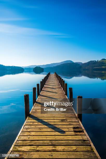 landing stage on coniston water, english lake district, cumbria, uk - cumbria stock pictures, royalty-free photos & images
