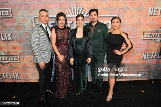 Joseph Julian Soria, Karrie Martin, America Ferrera ,Carlos Santos, and Annie Gonzalez attends the premiere of Netflix's "Gentefied" at Plaza de la...