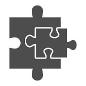 Puzzle additions solid icon. Two jigsaw pieces small and bigger. Social networking and communication vector design concept, glyph style pictogram on white background, use for web and app. Eps 10.
