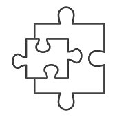 Puzzle additions thin line icon. Two jigsaw piece small and bigger. Social networking and communication vector design concept, outline style pictogram on white background, use for web and app. Eps 10.