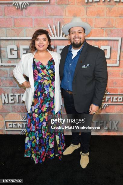 Linda Yvette Chavez and Marvin Bryan Lemus attends the premiere of Netflix's "Gentefied" at Plaza de la Raza on February 20, 2020 in Los Angeles,...