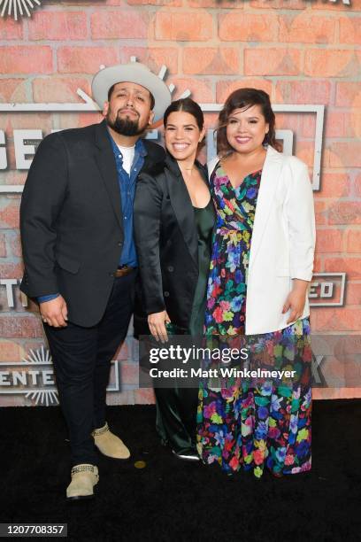 Marvin Bryan Lemus, America Ferrera, and Linda Yvette Chavez attends the premiere of Netflix's "Gentefied" at Plaza de la Raza on February 20, 2020...