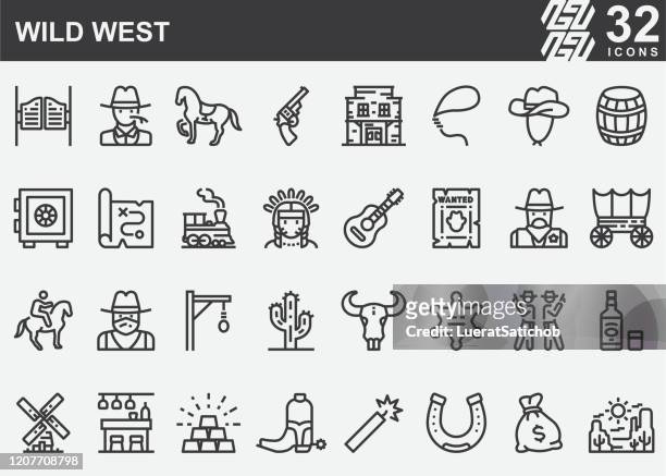 illustrazioni stock, clip art, cartoni animati e icone di tendenza di icone della linea del selvaggio west - cowboy