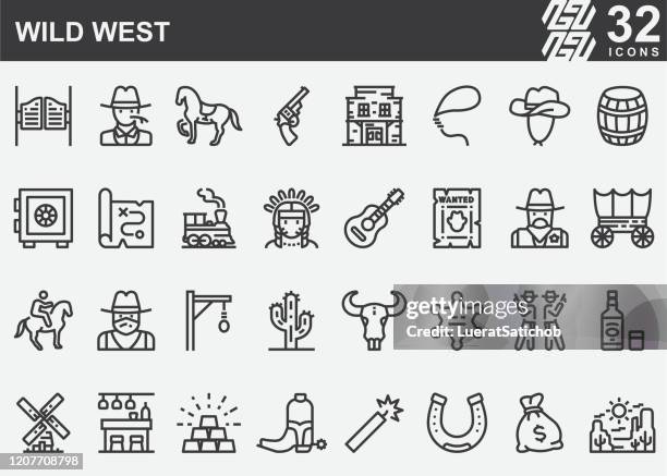 wild west line icons - cowboys stock illustrations