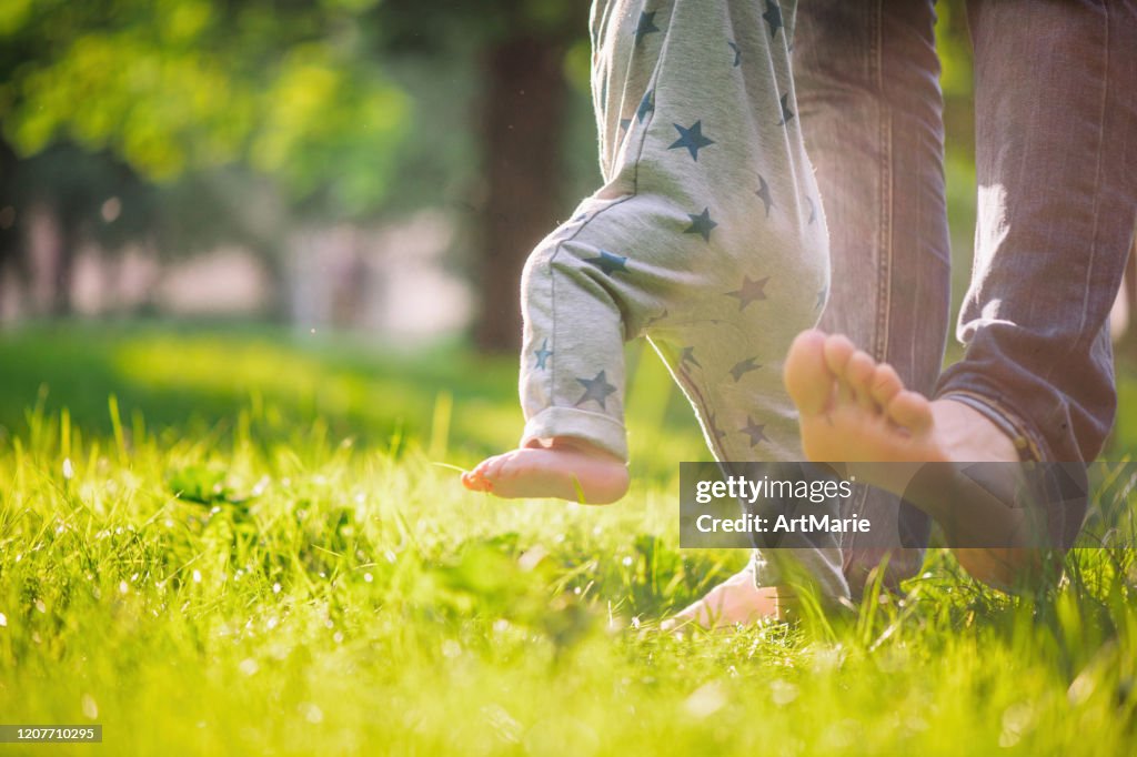 Baby boy is happy with his first steps supported by his father on a summer meadow