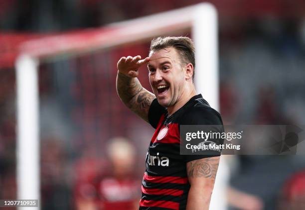 Simon Cox of the Wanderers celebrates scoring a goal during the round 20 A-League match between the Western Sydney Wanderers and Adelaide United at...