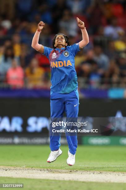 Poonam Yadav of India reacts after having a catch dropped off her hat trick ball during the ICC Women's T20 Cricket World Cup match between Australia...