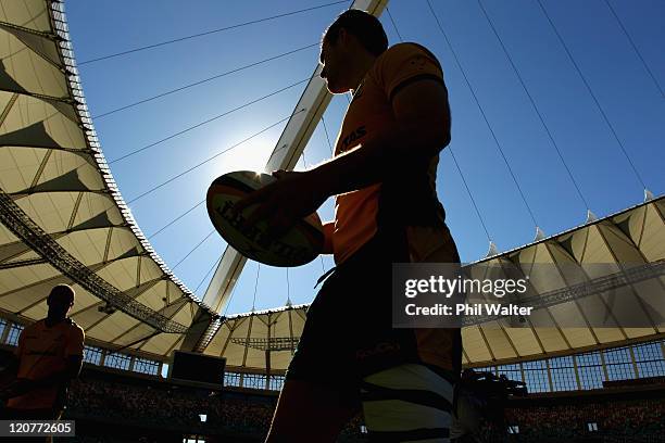 Pat McCabe of the Wallabies arrives for an Australian Wallabies training session at the Moses Mabhida Stadium on August 10, 2011 in Durban, South...