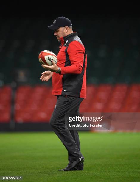 Wales coach Wayne Pivac looks on during the Wales Captains Run ahead of their Guinness Six Nations match against France at Principality Stadium on...