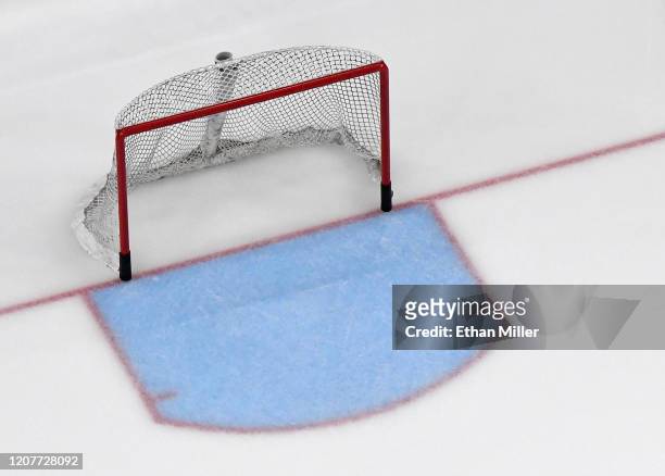 An empty net is shown from above before a game between the Tampa Bay Lightning and the Vegas Golden Knights at T-Mobile Arena on February 20, 2020 in...