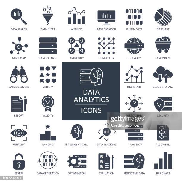 data analytics glyph icons - vector - big data storage stock illustrations