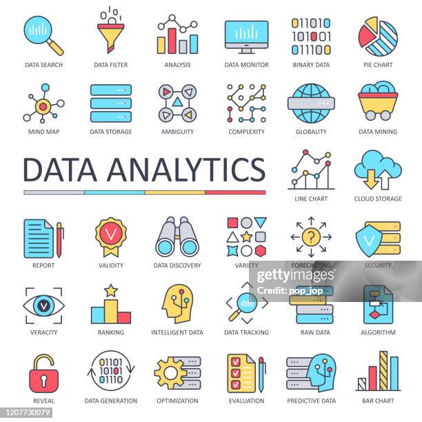 data analytics line color icons - vector - big data infographic stock illustrations