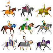 Set of old medieval knights in helmet with different horses