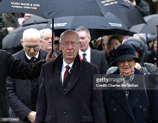 Sir Bobby Charlton attends the funeral for former Manchester United and Northern Ireland goalkeeper Harry Gregg at St Patrick's Parish Church on...