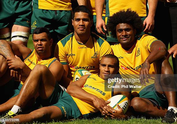 Kurtley Beale, Sitaleki Timani, Will Genia and Radike Samo pose for a photo during an Australian Wallabies training session at the Moses Mabhida...