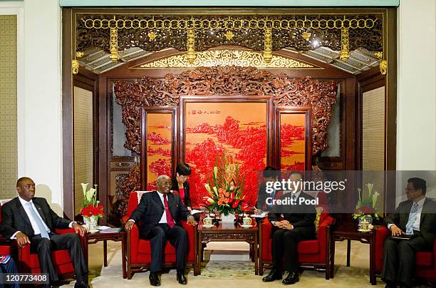 Chinese President Hu Jintao meets with visiting President of Mozambique Armando Guebuza at the Great Hall of the People on August 10, 2011 in...