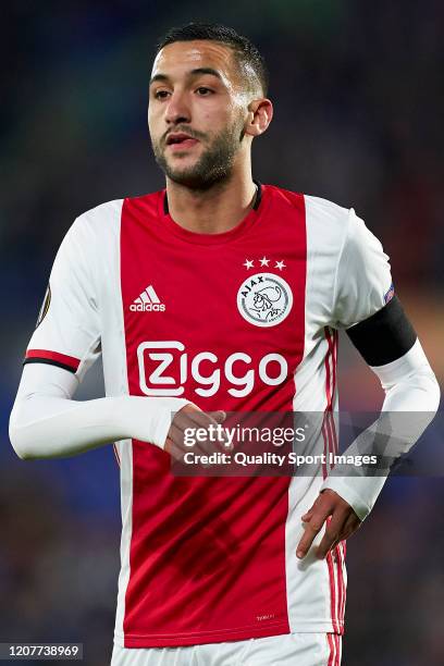 Hakim Ziyech of AFC Ajax reacts during the UEFA Europa League round of 32 first leg match between Getafe CF and AFC Ajax at Coliseum Alfonso Perez on...