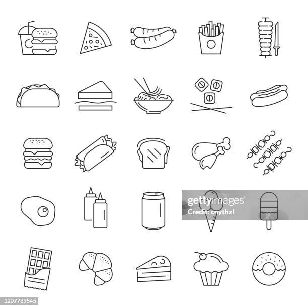 set of fast food and street food related line icons. editable stroke. simple outline icons. - appetizer stock illustrations