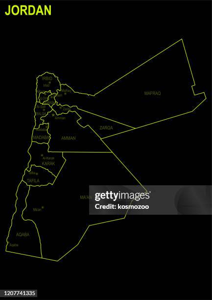 neon map of jordan against black background - jordan country stock illustrations