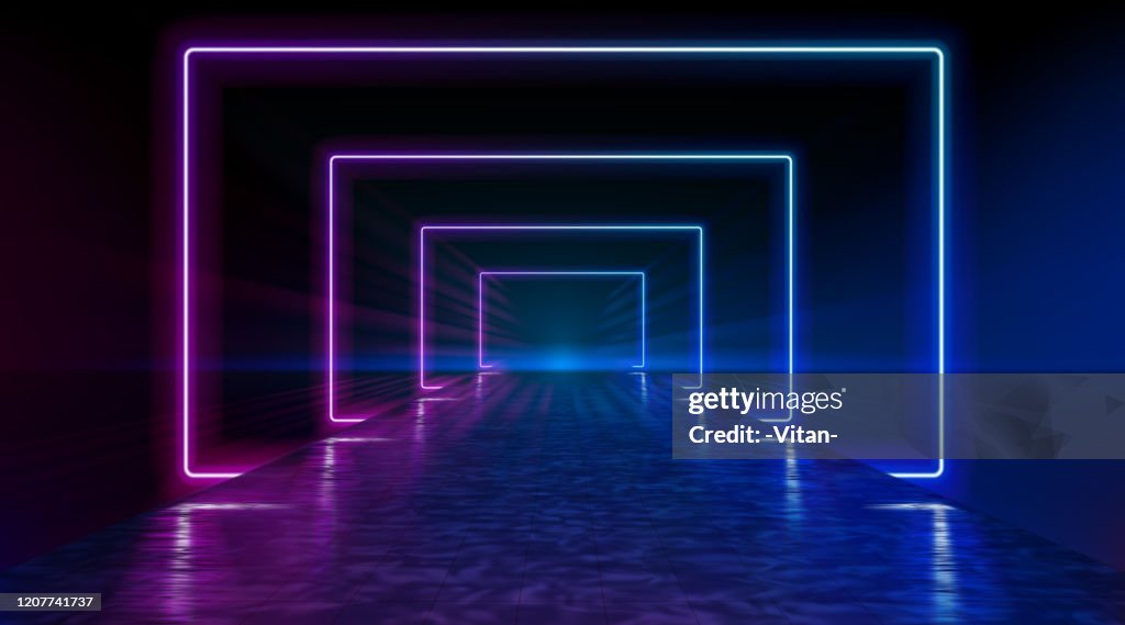 Neon corridor stretching to the horizon, clear night sky without clouds, reflection of light on the wet surface of the road. The road to the horizon. Futuristic portals. Vector.