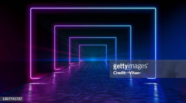 ilustrações de stock, clip art, desenhos animados e ícones de neon corridor stretching to the horizon, clear night sky without clouds, reflection of light on the wet surface of the road. the road to the horizon. futuristic portals. vector. - three dimensional