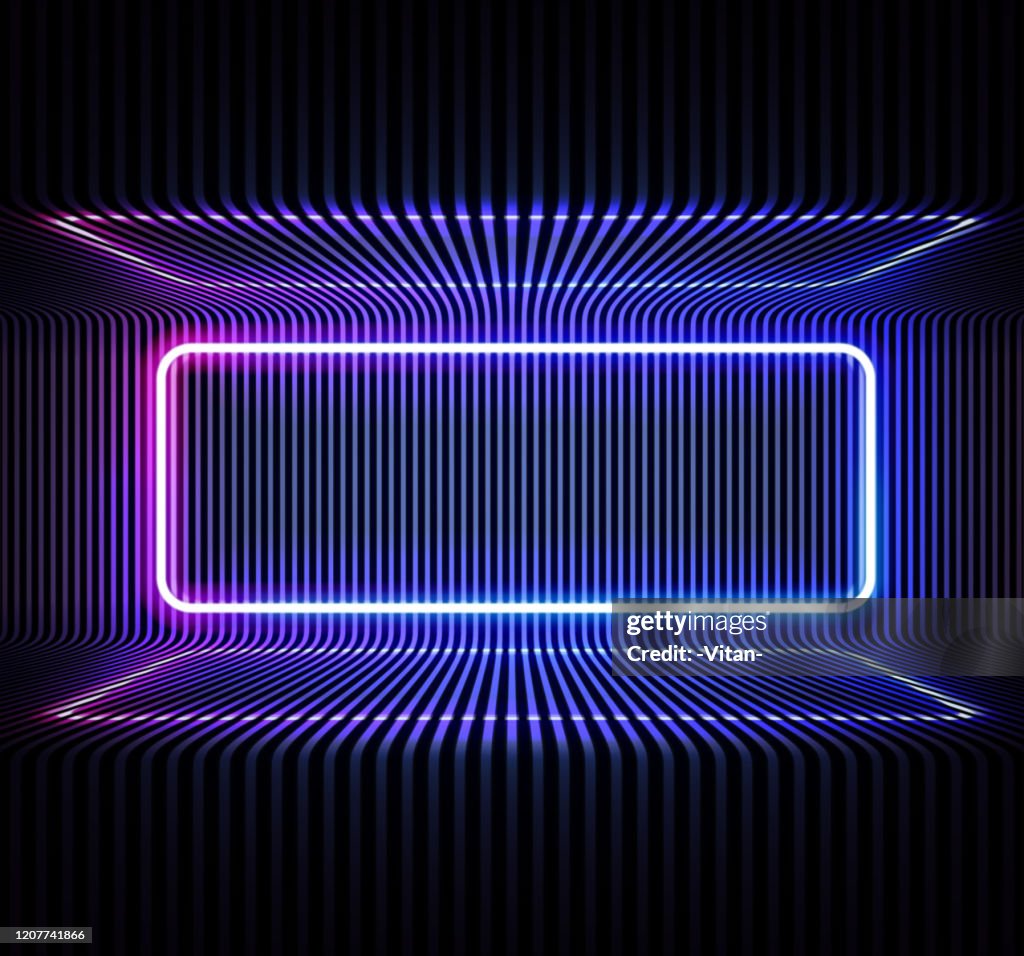 Neon color geometric round rectangle on metal stripe pattern background. Round rectangle mystical portal, luminous line, neon sign. Reflection of blue and pink neon light on the floor. Vector.