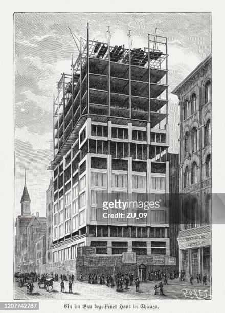 high-rise construction in chicago, illinois, usa, wood engraving, published 1895 - chicago black and white stock illustrations