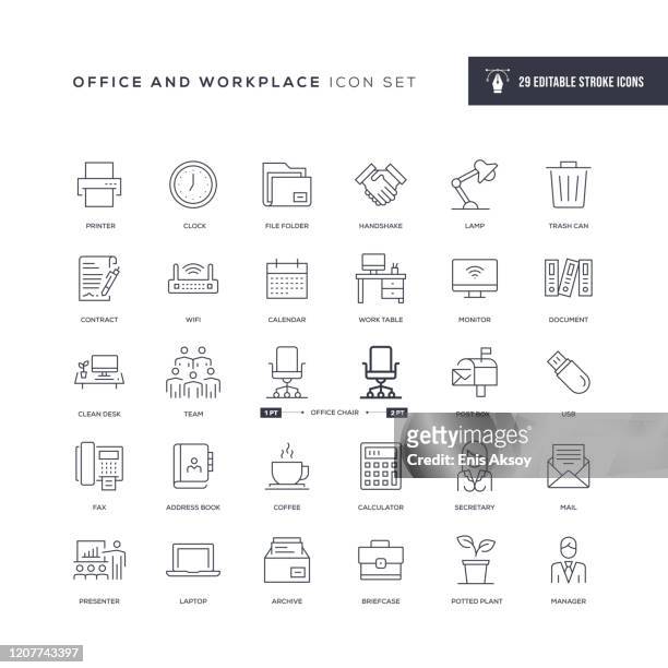 office- und workplace editable stroke line icons - contract stock-grafiken, -clipart, -cartoons und -symbole