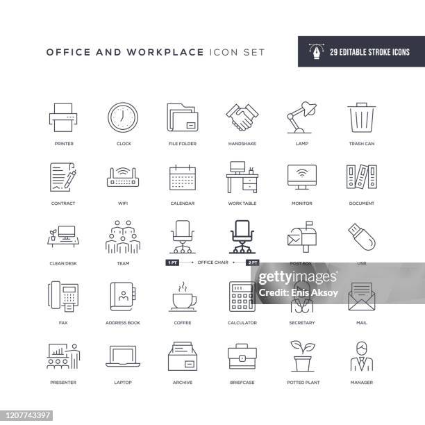 stockillustraties, clipart, cartoons en iconen met pictogrammen voor werk- en werkplekbewerkbare lijn - kantoorartikel